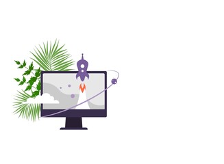 computer screen with rocket, clouds and green branches.