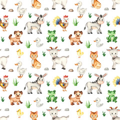 Watercolor seamless pattern with farm animals, donkey, goat, rooster, goose on a white background.