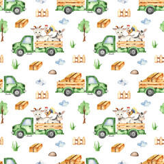Fototapety  Watercolor seamless pattern with farm truck, hay, farm animals, tree on a white background.