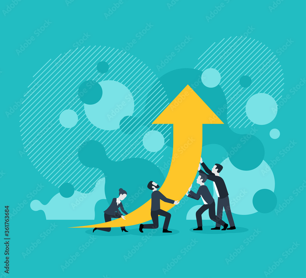 Poster people group (working team) holding chart scheme with arrow up on abstract background - vector conce