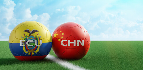 Ecuador vs. China Soccer Match - Soccer balls in Ecuador and China national colors on a soccer field. Copy space on the right side - 3D Rendering 