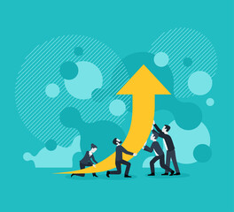 People group (working team) holding chart scheme with arrow up on abstract background - vector concept for illustration of profit, growth, success