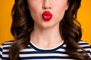 Closeup cropped photo of pretty wavy lady sending air kisses boyfriend handsome guy red bright...