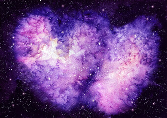 Watercolor Heart Shape Galaxy and Starry Sky