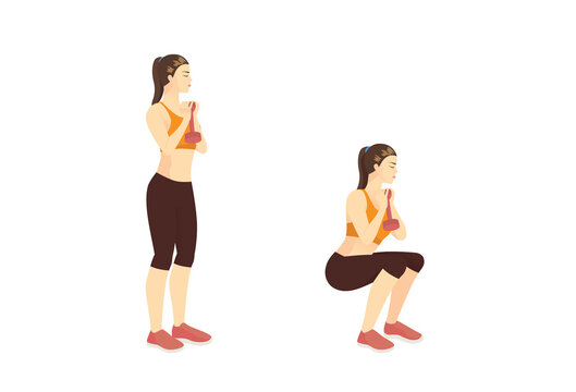 Sport women doing Fitness with Narrow-Stance Goblet Squat while dumbbell vertically in front of the chest in 2 steps. Hips Exercise training.