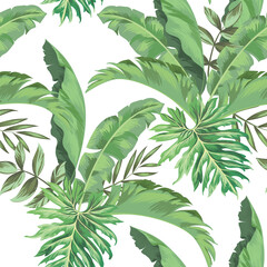 Obraz na płótnie Canvas Jungle vector pattern with tropical leaves.Trendy summer print. Exotic seamless background.