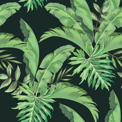 Naklejka na ściany i meble Jungle vector pattern with tropical leaves.Trendy summer print. Exotic seamless background.
