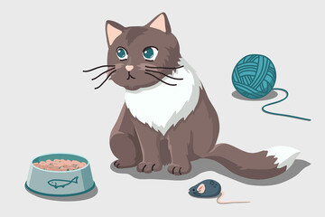 Fluffy cat looks away. A pet sits near a bowl of food, toys and a ball of thread. Vector illustration isolated on background.