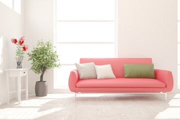 White stylish minimalist room with coral sofa. Scandinavian interior design. 3D illustration