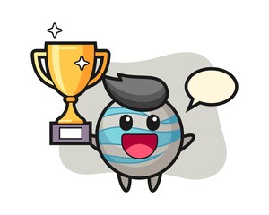 Planet cartoon happy holding up the golden trophy