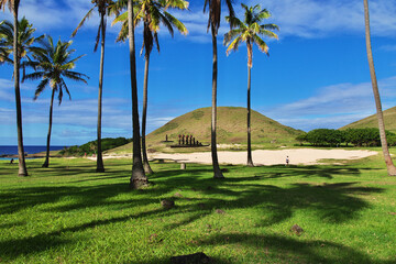 Rapa Nui. The statue Moai in Ahu Nau Nau on Easter Island, Chile