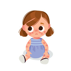 Baby girl with skin problem. Allergic child with skin disease, skin disorder. Disappointed little girl sitting.