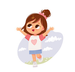 Portrait of a cute little running girl. Happy child. Play in the fresh air. Play outside.