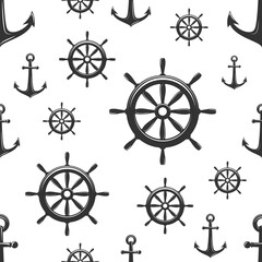 Nautical seamless pattern with black helms and anchors on white.