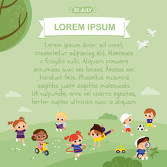 Cute children play outside. International Children's Day. Children play in the park. Kids summer activities outdoors. Green summer background.