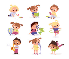 Children's activities. Set of kids in various poses. Children draw, play, sing, dance, play music, read.