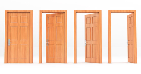 set of wooden doors in different stages of opening isolated on a white background . 3D rendering