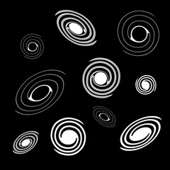 Set of spiral galaxies in black and white in hand drawn style