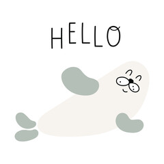 Funny seal animal says hello. Hand drawn vector illustration on white background.