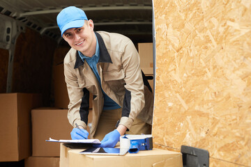 Portrait of young courier smiling at camera while filling the document he making cargo delivery