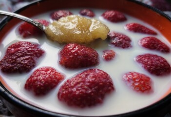 Homemade strawberries in milk with honey breakfast