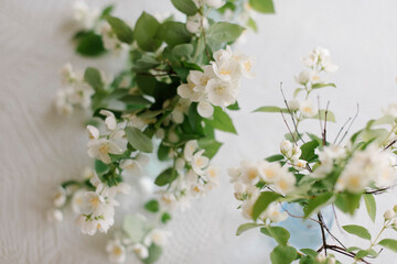 White blossom jasmine flowers in vase on the table
