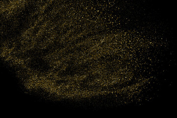 Gold glitter texture isolated on black. Amber particles color. Celebratory background. Golden explosion of confetti. Design element. Digitally generated image. Vector illustration, EPS 10.