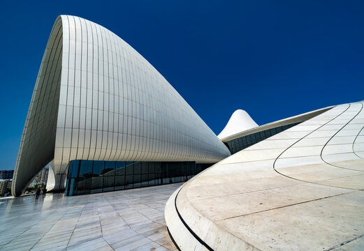 Baku, Azerbaijan - MAY 6 2019: Heydar Aliyev Cultural Center in Baku. The cultural center, built by architect Zaha Hadid. 