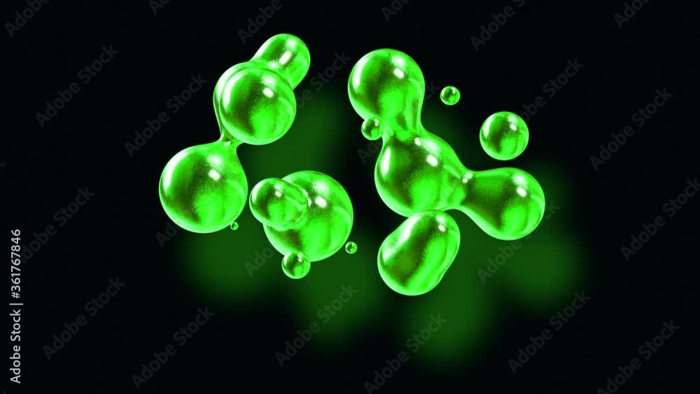 Poster amasing abstract background of metaballs as if glass drops or spheres filled with green sparkles mer