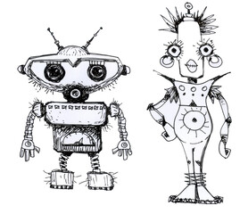 Two funny robots. Vintage ink drawing.