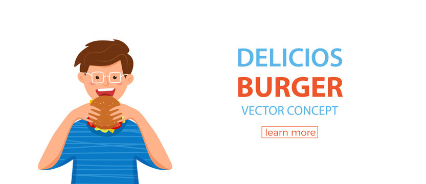 Kid biting burger fast food vector illustration. Colorful cartoon style concept