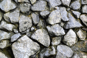 Rocks wall background. Stones wall texture. Artificial waterfall made with natural grey stones. Outdoor nature.
