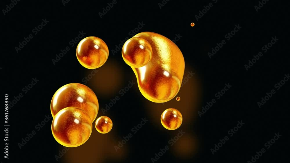 Poster amasing abstract background of metaballs as if glass drops or spheres filled with gold sparkles merg