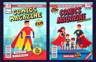 Comic book cover with super hero man and family characters. Retro magazine editable front page template with title and subtitle for customization. Cartoon super people flat vector illustration