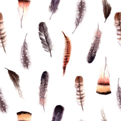Hand drawn watercolor flying feather seamless