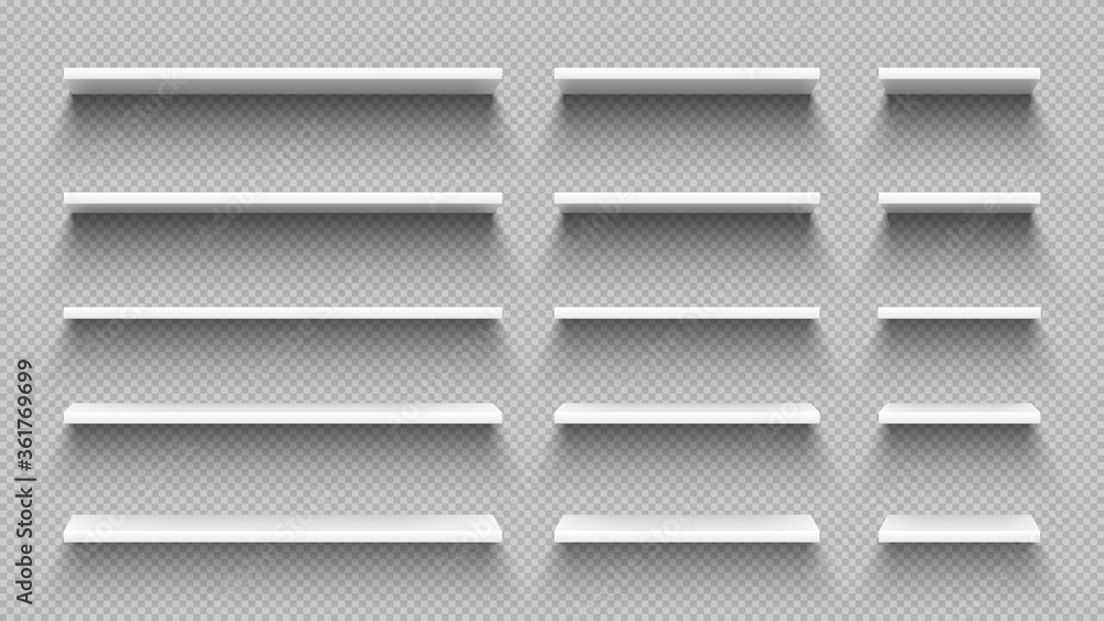 Poster realistic white empty shelves with shadow isolated on transparent wall background. modern horizontal