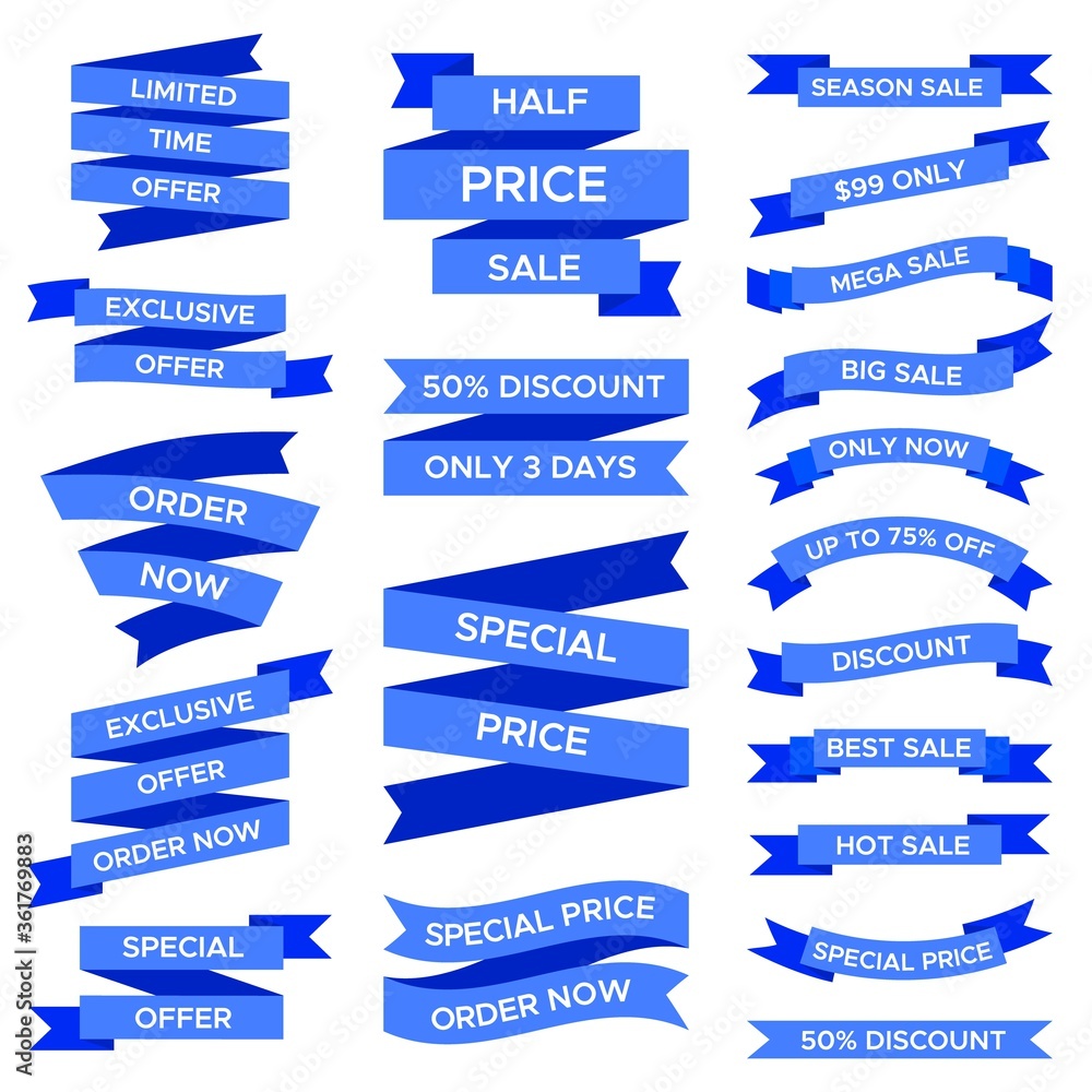 Poster blue sale ribbons set isolated on white background. labels of various shapes and forms with text for