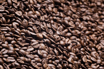 Roasted coffee beans background - full frame detail. Close up of a brown surface texture of aroma black caffeine drink ingredient for coffee beverage