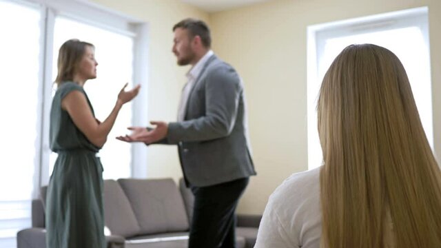 Child and Quarreling Parents. Family Problems. Parents Scandal. Sufferings Children.