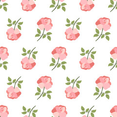 Seamless pattern with colorful pink rose flower and leaf on white background. Summer ditsy textile collection. Elegant decoration.