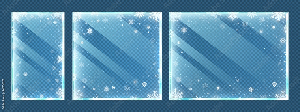 Aufkleber frozen glass frames with snowflakes. winter window border set with snow frost and ice effect isolate