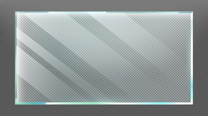 Glass frame with glares and light reflection. Clear realistic window or showcase isolated on transparent background. Acrylic and glass texture with rectangle border vector illustration