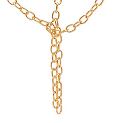 Fototapeta na wymiar Fragment of a gilded chain in yellow on a white background. Isolated