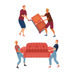 Moving and Real Estate Concept. Moving Service Workers In Coveralls are Unloading Furniture. Moving Process Into a New House Or Office. Man Carrying Boxes And Sofa. Cartoon Flat Vector illustration