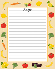 Recipe book page design. Page with lines for recording your recipes. Book of recipes. Cooking