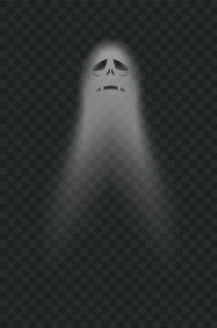 Halloween scary ghostly monster. Poltergeist or phantom silhouette isolated on transparent background. Scary spirit with sad face expression flying at night. Mysterious creature vector