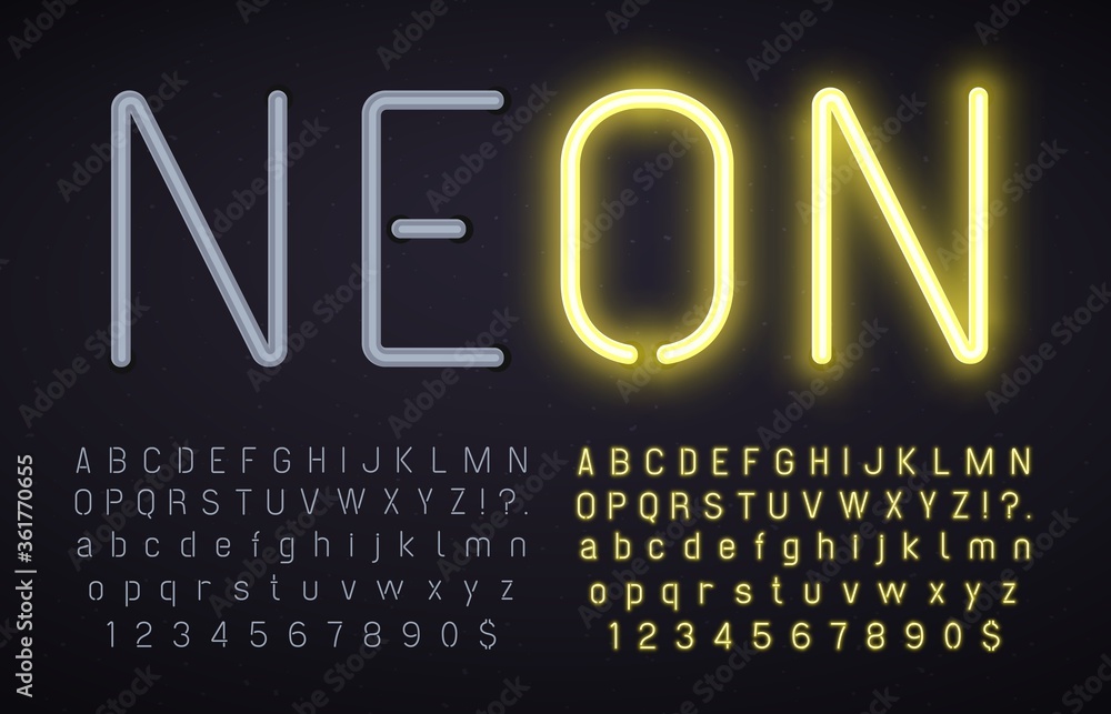 Fototapete neon font with light on and off. glowing alphabet, numbers and punctuation marks with luminous effec