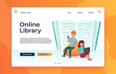 Fototapeta na wymiar Online library or web archive. Digital education, ebook reading, studying in internet. Boy reading in mobile phone, woman using laptop next to big open textbook landing page vector illustration