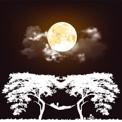 Stunning full moon nigh time cloudy sky with white Silhouetted woman reading relaxing in a hammock between two trees