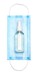 Fototapeta na wymiar bottle of cream, lotion, sanitizer or liquid soap and protective mask isolated on white background